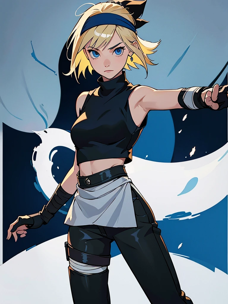 young girl, Blonde, blue eyes, bangs, short shoulder length hair, makeup, big breasts, small waist, flat stomach, Wide hips, big thighs, ninja, loose black pants below the waist, foot bandages, white cropped t-shirt, short sleeves, gloves, ninja style, konoha bandana on the waist, Leaf Village, stop looking at the village, perfect lighting, detailed shadows, high quality, HD, 4k, Masterpiece