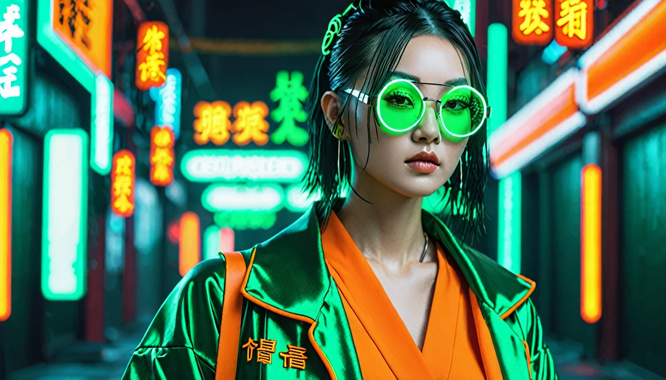 Cyberpunk Background，Neon，A woman wearing orange and dark green national style，Chinese clothing，抱着Neon，Wear round glasses，High Definition Rendering