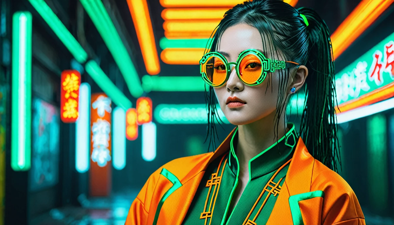 Cyberpunk Background，Neon，A woman wearing orange and dark green national style，Chinese clothing，抱着Neon，Wear round glasses，High Definition Rendering