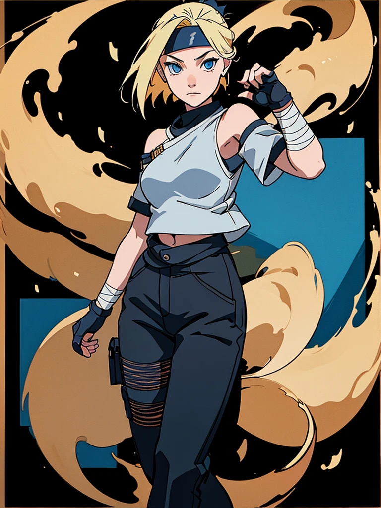 young girl, Blonde, blue eyes, bangs, short shoulder length hair, makeup, big breasts, small waist, flat stomach, Wide hips, big thighs, ninja, loose black pants, below the waist, foot bandages, white cropped t-shirt, short sleeves, gloves, ninja style, konoha bandana on the waist, Leaf Village, stop looking at the village, perfect lighting, detailed shadows, high quality, HD, 4k