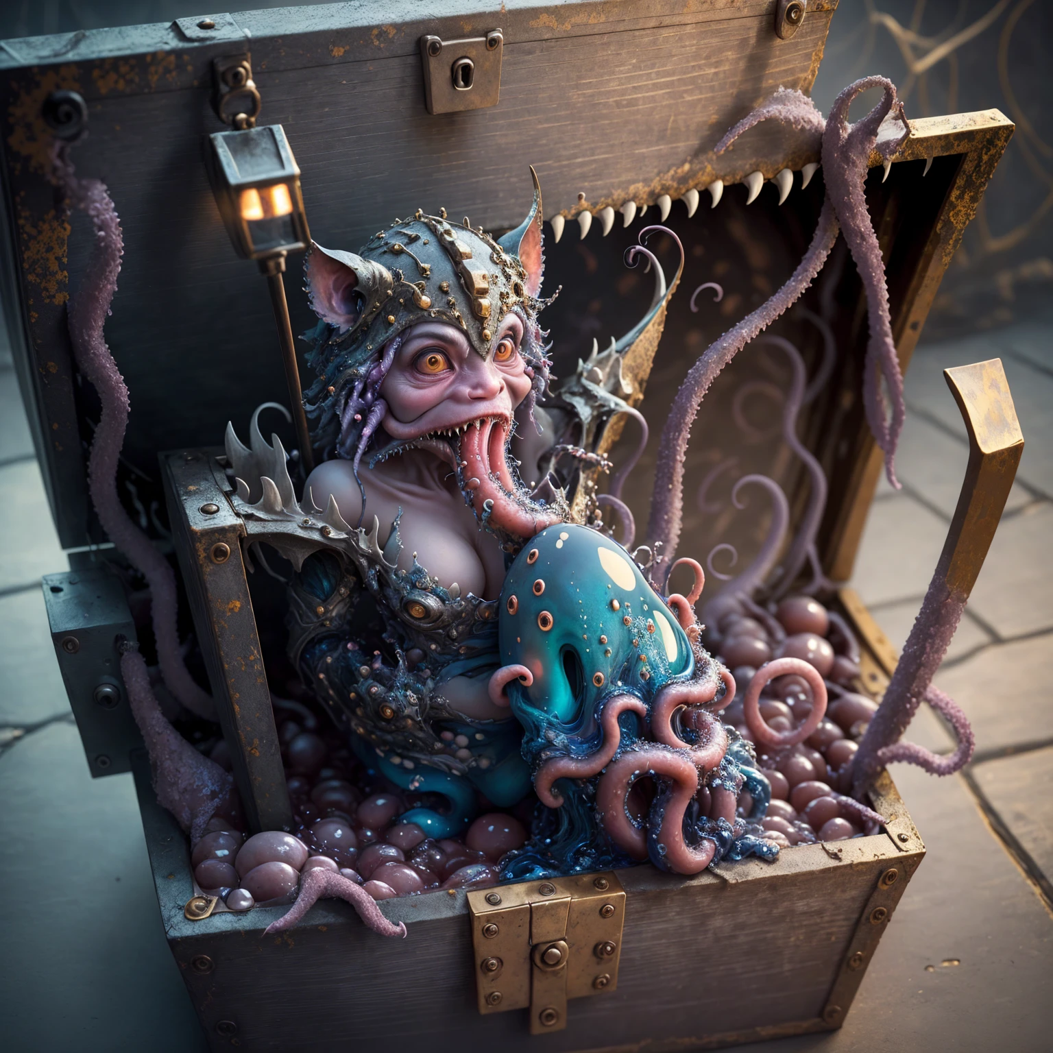 photo and gross, mimic:1.3, wooden chest:1.3, fleshy interior, long tongue:1.3, meat, saliva, TentacleHorrorAI, (extended tentacles:1.21), Sharp teeth, dungeon background, 8k hd, DSLR, cinematic lighting, high quality, realistic photo, (raw photo, Best Quality, Masterpiece, photorealistic, of the highest quality, Maximum image quality, high resolution, 8k, HD:1.2), vibrant,ethereal lighting,sharp focus,ultra detailed,((Extremely detailed 8k unified CG wallpaper)), surreal and dreamlike textures,magical and mysterious essence,unexplored and undiscovered wonders,sculptural and abstract elements,transcendent composition, visual effects, photorealistic, digital composition master class