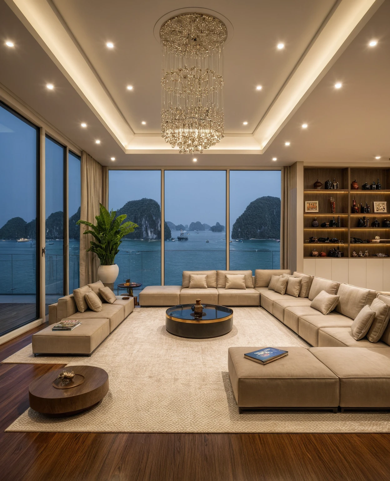 Raw photo,Masterpiece, high quality, best quality, authentic, super detail, interior, indoors, ((living room style modern luxury)), sunset, day light, sofa, table tea, carpet, cabinets, wood floor , (((chandeliers))), windows view sea halong bay , curtains, downlight, (flower vase), decorative cabinets, wine bottles, ornaments, books,