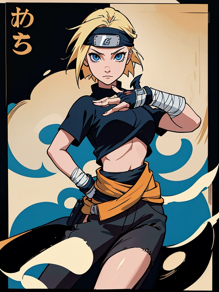 young girl, Blonde, blue eyes, bangs, short shoulder length hair, makeup, big breasts, small waist, flat stomach, Wide hips, ninja, loose black pants, below the waist, foot bandages, white cropped t-shirt, short sleeves, gloves, ninja style, konoha bandana on the waist, Leaf Village, stop looking at the village, perfect lighting, detailed shadows, high quality, HD, 4k, Naruto, Masterpiece, ninja style