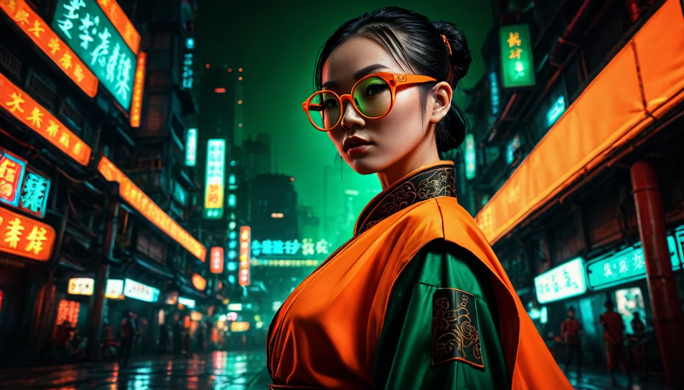 Dark night cyberpunk background，Neon，A woman wearing orange and dark green national style，Chinese clothing，抱着Neon，With round black glasses，Wide-angle shooting，High Definition Rendering，Extreme details