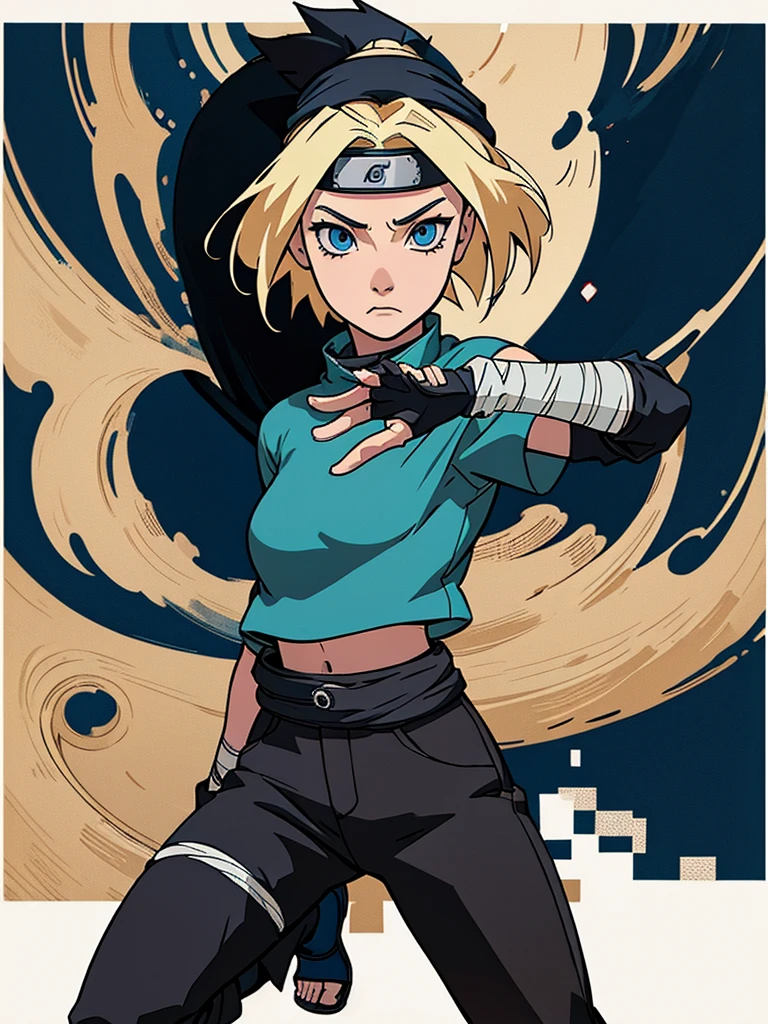 young girl, Blonde, blue eyes, bangs, short shoulder length hair, makeup, big breasts, small waist, flat stomach, Wide hips, ninja, loose black pants, below the waist, foot bandages, white cropped t-shirt, short sleeves, gloves, ninja style, konoha bandana on the waist, Leaf Village, stop looking at the village, perfect lighting, detailed shadows, high quality, HD, 4k, Naruto, Masterpiece, ninja style