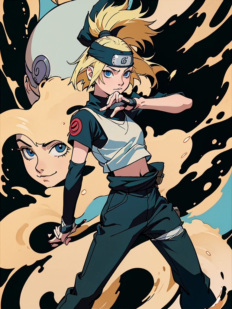 young girl, Blonde, blue eyes, bangs, short shoulder length hair, makeup, big breasts, small waist, flat stomach, Wide hips, ninja, loose black pants, below the waist, foot bandages, white cropped t-shirt, short sleeves, gloves, ninja style, konoha bandana on the waist, Leaf Village, stop looking at the village, perfect lighting, detailed shadows, high quality, HD, 4k, Naruto, Masterpiece, ninja style