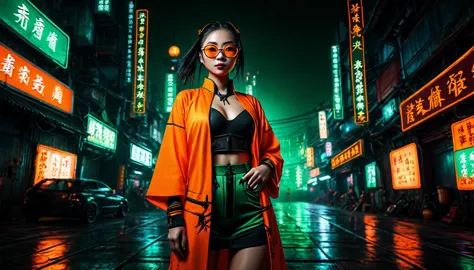 dark night cyberpunk background，neon，full body shot，a woman wearing orange and dark green national trend style，chinese clothing，...