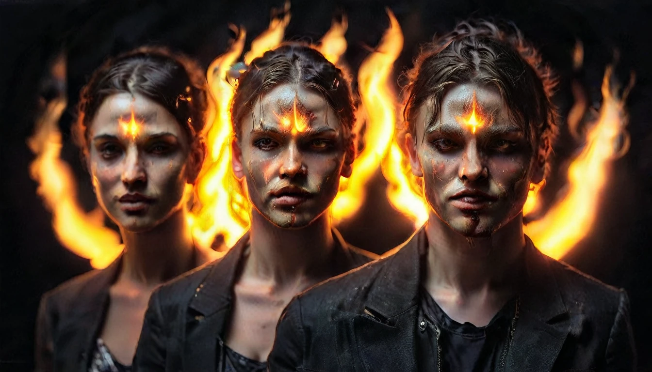 trois personnes avec des visages lumineux et des flammes sur leurs visages, Concept Art inspiré par Tomasz Alen Kopera, gagnant du concours cgsociety, art numérique, Tomasz Alen Kopera et CGSociety, Dan Mumford et Alex Grey style, art conceptuel de l&#39;âme démoniaque, Art fantastique épique symétrique, portrait de démons, et Mumford Tom Bagshaw