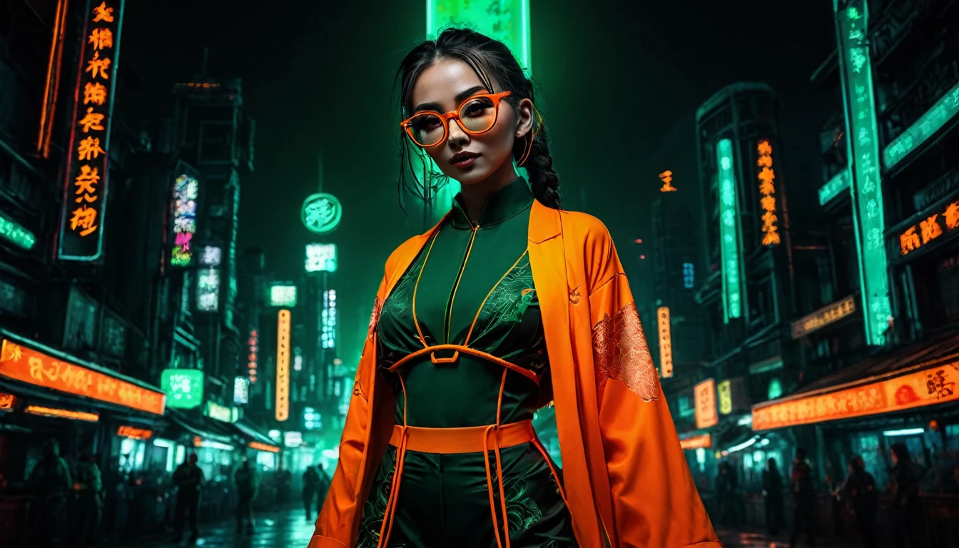 Dark night cyberpunk background，Neon，Full body shot，A woman wearing orange and dark green national trend style，Chinese clothing，抱着Neon，With round black glasses，Wide-angle shooting，High Definition Rendering