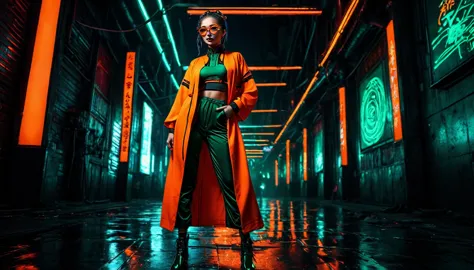 dark night cyberpunk background，neon，full body shot，a woman wearing orange and dark green national trend style，chinese clothing，...