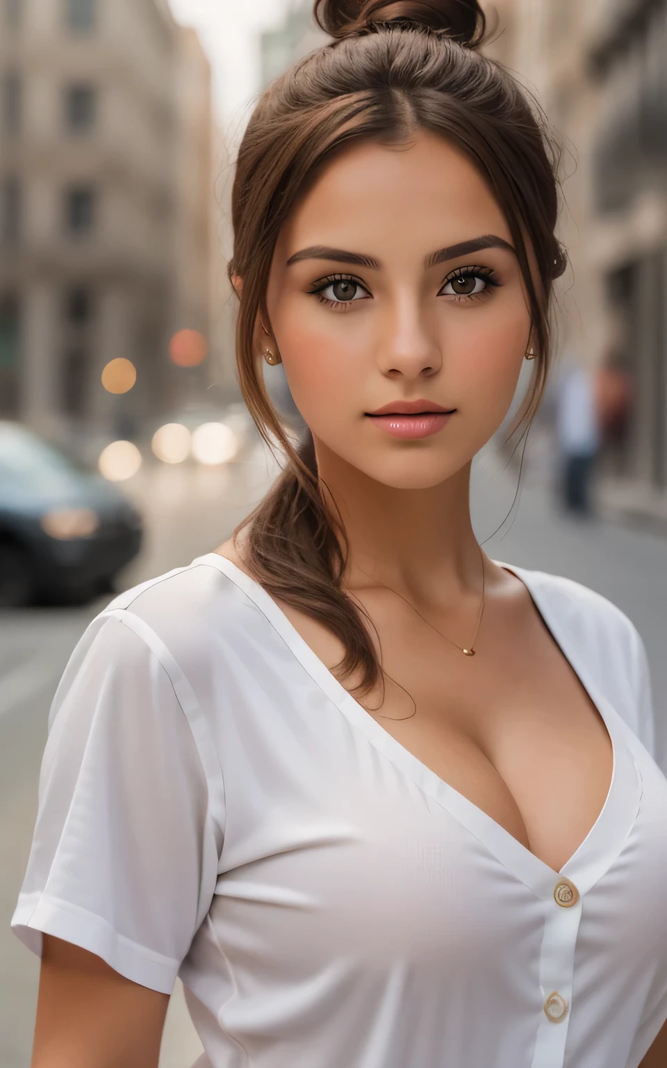 photography of stunning girl, in the city, enjoying, wear portuguese football shirt, girl, summer, hot girl, (((small bust))), brunette hair, long_hair, looks into the camera, symmetrical face, photorealistic, photography, spectacular lighting,, gorgeous, cleavage, western, (masterpice), best quality, high resolution, extremely detailed, skin with pores, blurred background, depth of field, cinematic lighting,high bun