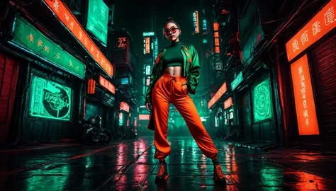 dark night cyberpunk background，neon，full body shot，orange red and dark green national trend style，woman，chinese clothing，手持neon...