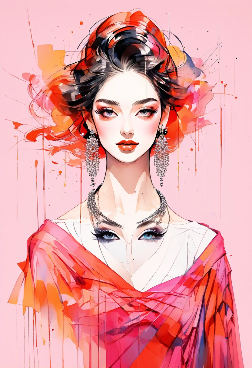 (Highest quality:0.8), (Highest quality:0.8), Perfect illustration,Beautiful woman portrait、One girl, bangs, Black nails, Blonde, , clavicle,  Earrings, Fashion G,  jewelry, looking at iniewer, , Manicure, necklace,  short hair,  sleeines past wrists, 一人in, Both sides up, Upper Body, in, Pop Background、Droopy eyes、summer、Pink gradient background、金色イブニングdress、Fancy masquerade mask、Celebrities、dress