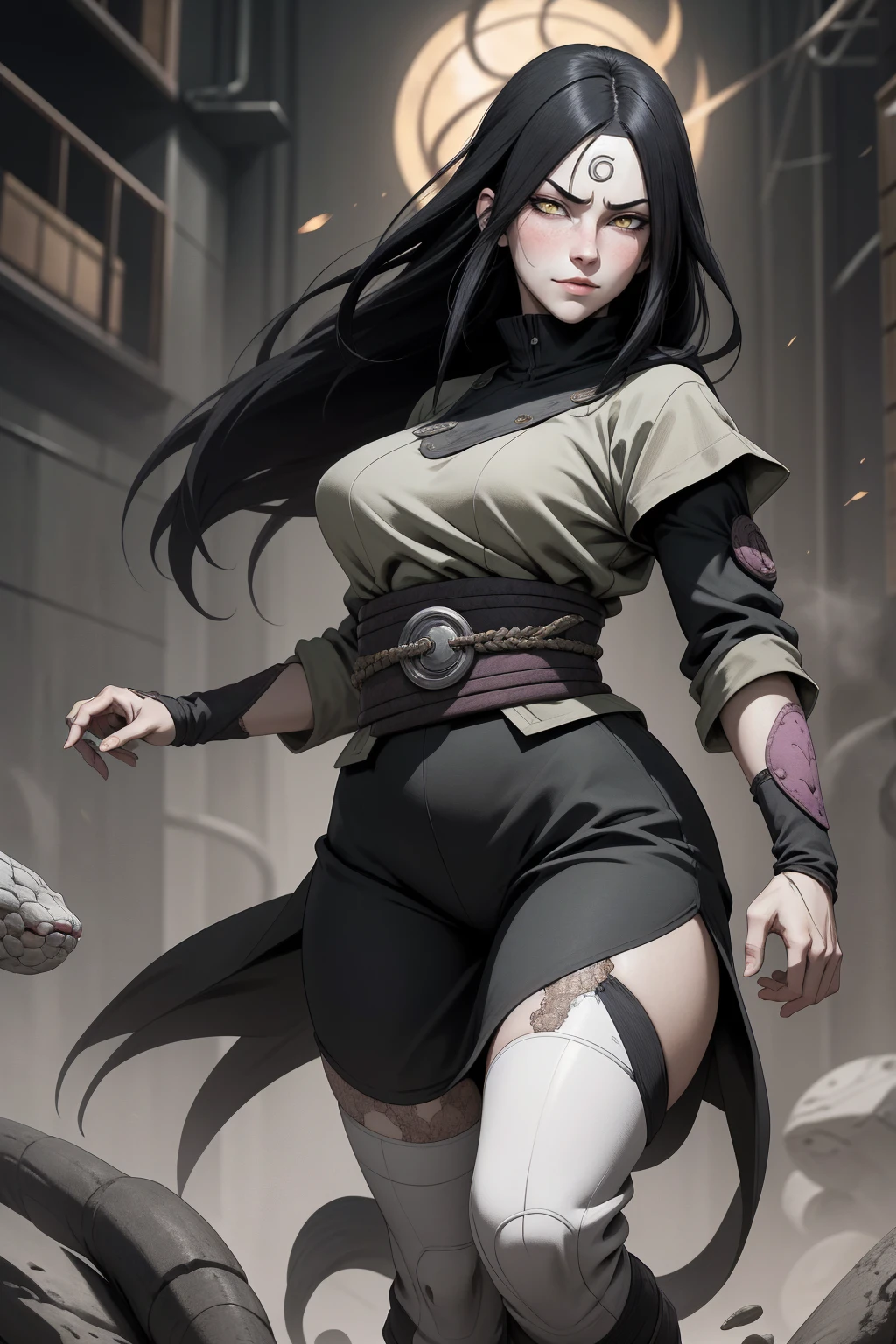 {-erro_de_anatomia:1.0} estilo anime, Masterpiece, absurdities, Orochimaru\(Naruto\), 1girl Solo, Mature woman, Oversized shirt with broad shoulders, Perfect composition, Detailed lips, large breasts, Beautiful face, body proportion, Blush, Long black hair, ( black hair), yellow eyes, (sexy), Soft gauze, Super realistic, Detailed, photo shoot, Realistic faces and bodies, masterpiece, best quality, best illustration, hyper detailed, 1 girl, solo, glamorous, blushing, whole body, on attack, dimanic poses