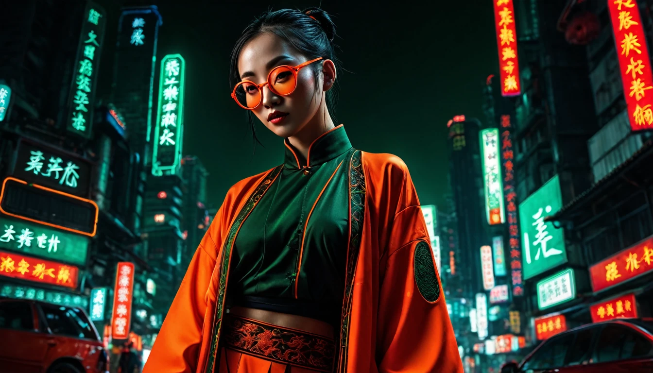 Dark night cyberpunk background，Neon，Full body shot，Orange red and dark green national trend style，woman，Chinese clothing，手持Neon，With round black glasses，Facial perfection，Detailed wide-angle shot，High Definition Rendering