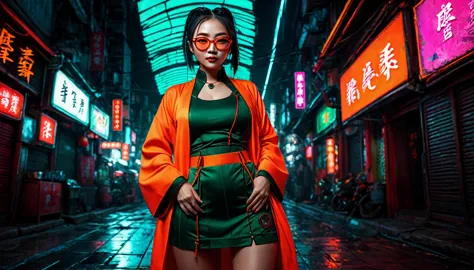 dark night cyberpunk background，neon，full body shot，orange red and dark green national trend style，woman，chinese clothing，手持neon...