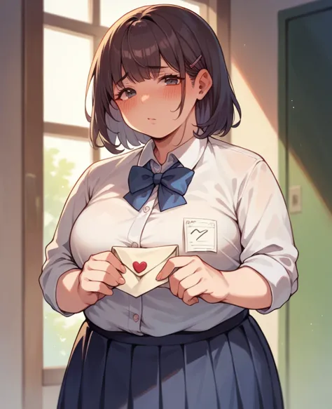 Chubby woman, school girl outfit, blushing, holding a love letter to the viewers