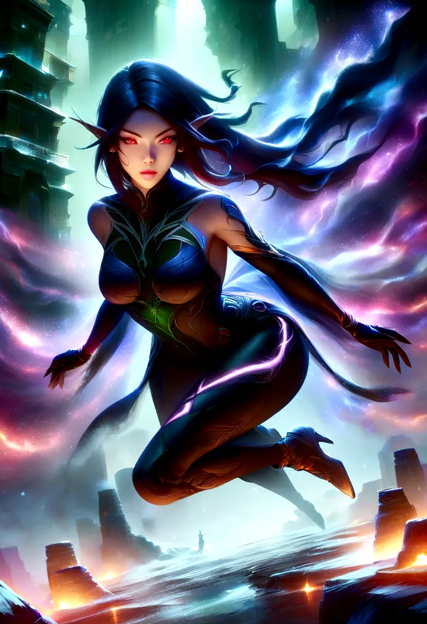 red eyes, sylvanas_windrunner, cinewow, 1girl, elf, will be depicted in the futuristic world of "aeon flux". the artwork will be...