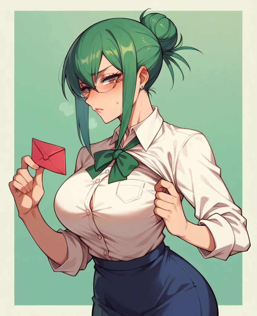 Mature woman, Highschool teacher outfit, blushing, holding a love letter to the viewers, hair in a bun, glasses