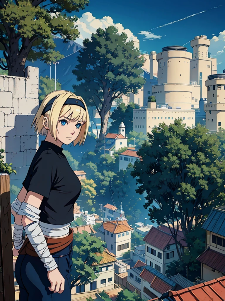 young girl, short hair, Blonde, fringe, blue eyes, makeup,  big breasts, small waist, Wide hips, white short sleeve t-shirt, bandage on abdomen, loose black pants below the waist, konoha waist bandana, bandage on the right hand, bandage on wrist, foot bandage, night leaf village, standing on a roof looking at the village, high quality, Extreme details, 4k, Masterpiece