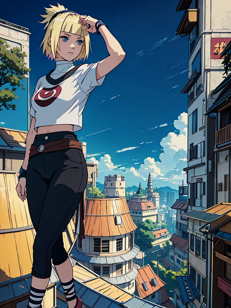 young girl, short hair, Blonde, fringe, blue eyes, makeup,  big breasts, small waist, Wide hips, white short sleeve t-shirt, bandage on abdomen, loose black pants below the waist, konoha waist bandana, bandage on the right hand, bandage on wrist, foot bandage, night leaf village, standing on a roof looking at the village, high quality, Extreme details, 4k, Masterpiece