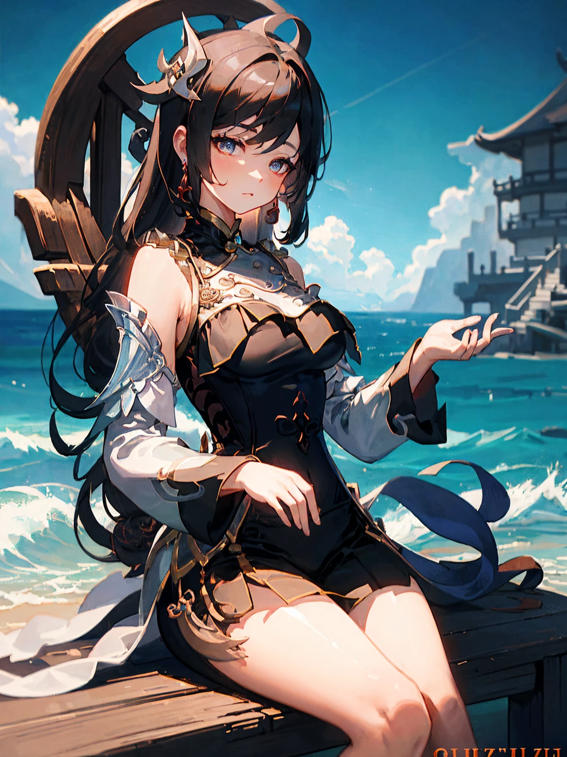 there is a woman sitting on the beach with a clock, queen of the sea mu yanling, beautiful digital artwork, 4k highly detailed digital art, a beautiful fantasy empress, 8k high quality detailed art, fantasy beautiful, by Yang J, beautiful gorgeous digital art, guweiz, artwork in the style of guweiz, beautiful fantasy art, chinese fantasy