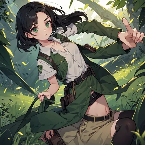 aot teenager female scout regiment black hair scout regiment female green eyes. beautiful, medium sized chest. gorgeus