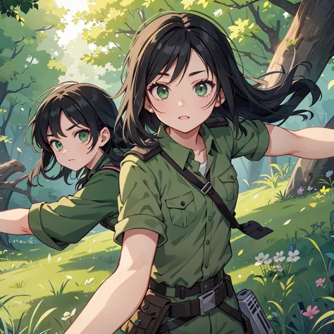 aot teenager female scout regiment black hair scout regiment female green eyes. beautiful, medium sized chest. gorgeus