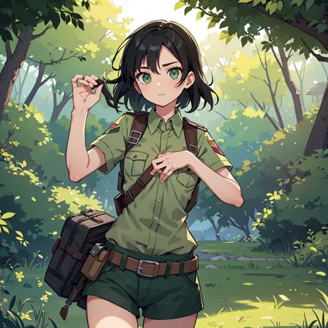 aot teenager female scout regiment black hair scout regiment female green eyes. beautiful, medium sized chest. gorgeus