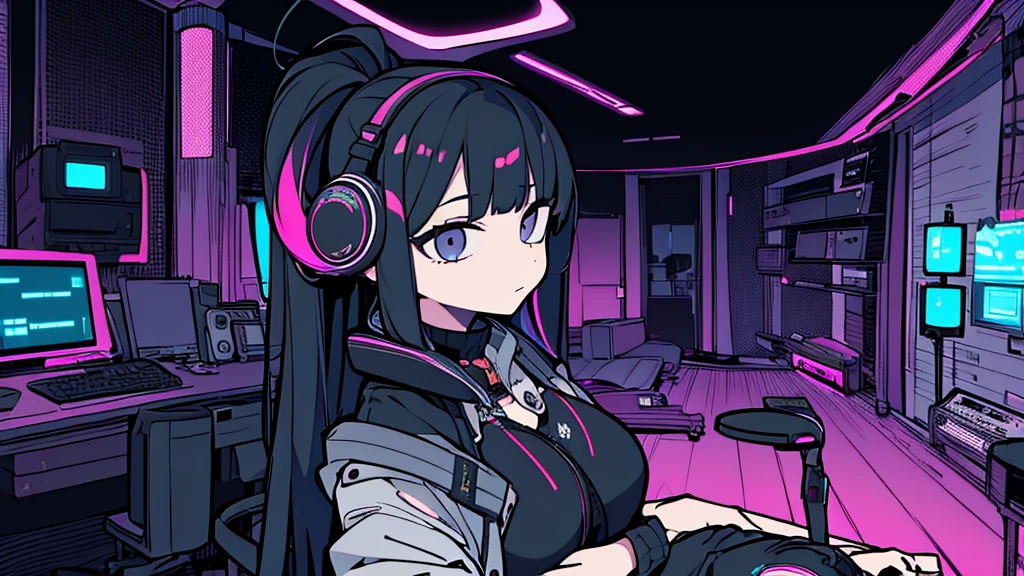 Best quality, (masterpiece:1.2), best detail face, 1 girl, big breasts, 18 yo, 8k,absurdres,unity 8k wall paper,(extremely detailed:1.3), highest realistic, (simple headphones:1.1), (soft neon light:1.1), (floating hair:1.2), (psychedelic:1.2), Her room full of music equipment and plants, Leaning back on the chair with a casual attitude, Light clothing in summer, dark grey color palette, black hair
