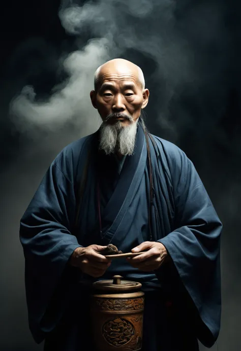 An inscrutable old Taoist priest, with an eerie atmosphere around him.