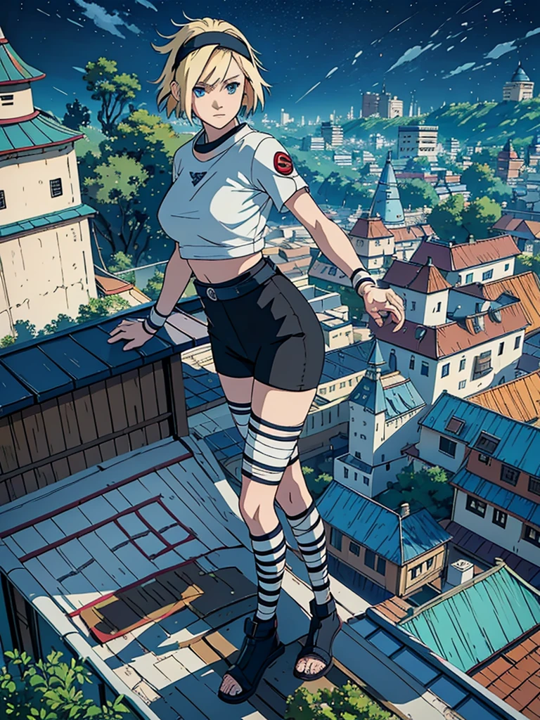 young girl, short hair, Blonde, fringe, blue eyes, makeup,  big breasts, small waist, Wide hips, white short sleeve t-shirt, bandage on abdomen, loose black pants below the waist, konoha waist bandana, bandage on the right hand, bandage on wrist, foot bandage, night leaf village, standing on a roof looking at the village, high quality, Extreme details, 4k, Masterpiece