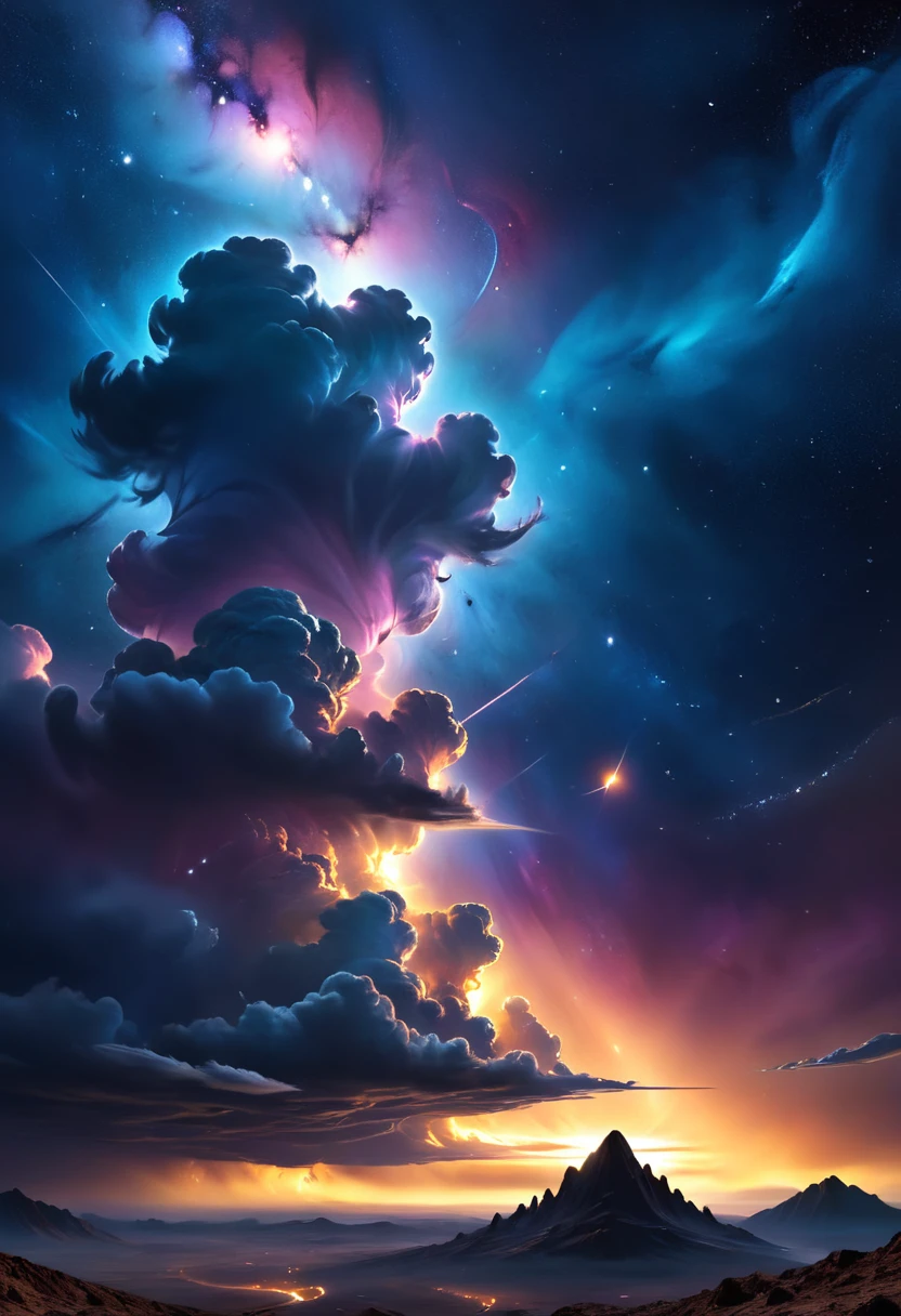 dark cloudy sky, realistic, photorealistic, ultra-detailed, highly detailed, 8k, dramatic lighting, cinematic, intricate celestial nebula clouds, glowing golden sunlight piercing through dark cloudy atmosphere, detailed cosmic dust and stars, dramatic volumetric lighting, chiaroscuro lighting, realistic galaxy textures, epic cosmic landscape, cinematic composition, award winning photography