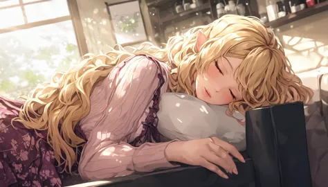 digitally created illustration of an adult elf woman sleeping with her eyes closed on a sofa in a sunny coffee shop、she is weari...