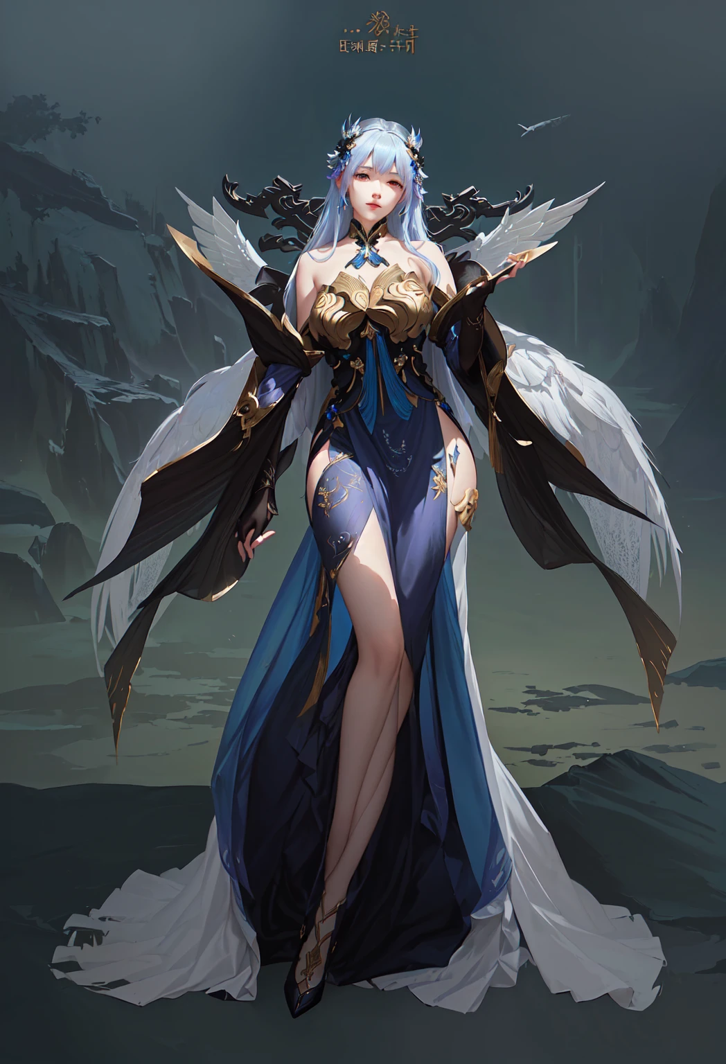 Close-up of woman in long dress with wings, Epic and beautiful character art, Beautiful full body concept art, feng zhu concept art, A complete portrait of an elementalist, Onmyoji detailed art, Dark Witch Panorama, The Queen of Change, author：Yang J, Full body fairy, Demon&#39;s Souls concept art, Stunning character art