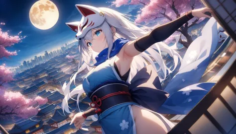 exposed armpits and chest、a magnificent view of the city from the treetopasterpiece, best quality:1.2), 1girl, 独奏,wolf girl, fox...