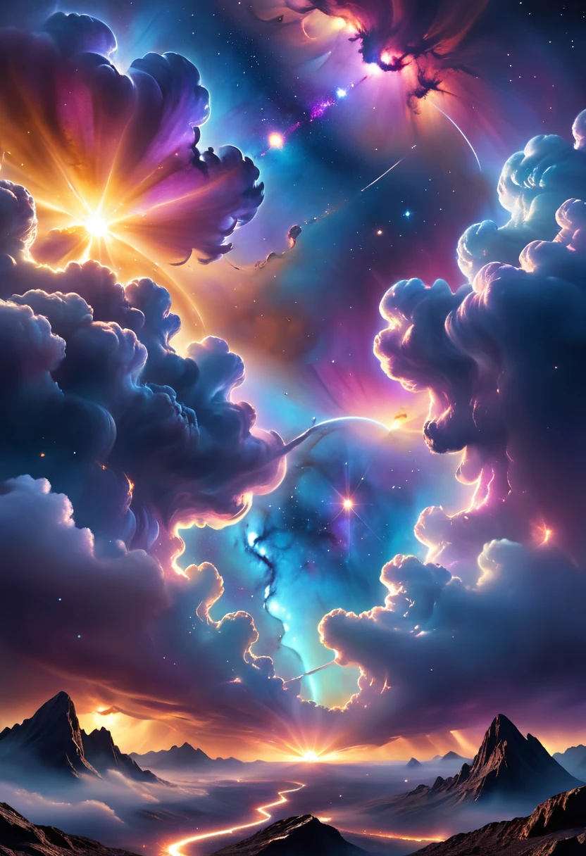 dark cloudy sky, realistic, photorealistic, ultra-detailed, highly detailed, 8k, dramatic lighting, cinematic, intricate celestial nebula clouds, glowing golden sunlight piercing through dark cloudy atmosphere, detailed cosmic dust and stars, dramatic volumetric lighting, chiaroscuro lighting, realistic galaxy textures, epic cosmic landscape, cinematic composition, award winning photography
