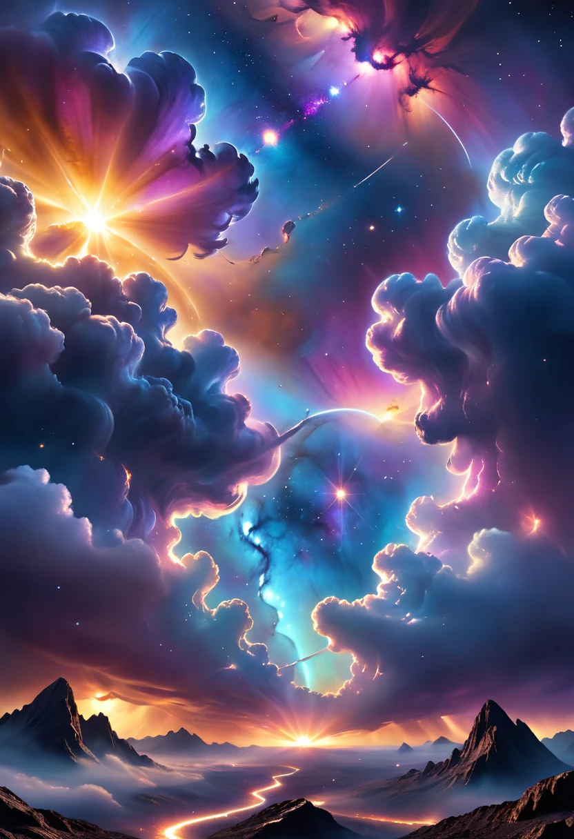 Cielo nublado oscuro, Realista, photoRealista, ultra detallado, muy detallado, 8K, iluminación dramática, cinematográfico, intrincadas nubes de nebulosa celeste, La brillante luz del sol dorada atraviesa una atmósfera oscura y nublada., polvo y estrellas cósmicos detallados, Iluminación volumétrica dramática, chiaroscuro lighting, Realista galaxy textures, paisaje cósmico épico, cinematográfico composition, fotografía premiada