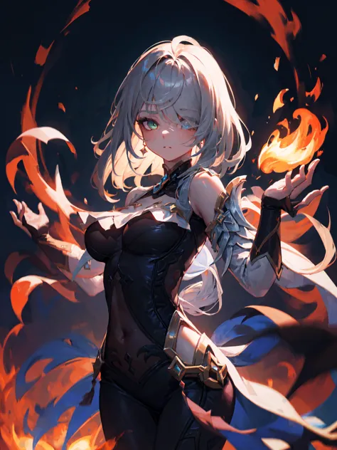 an outstanding painting of a beautiful white girl, flaming, surrounded by flames, dota2 fire girl style, ghost knife style, fire...