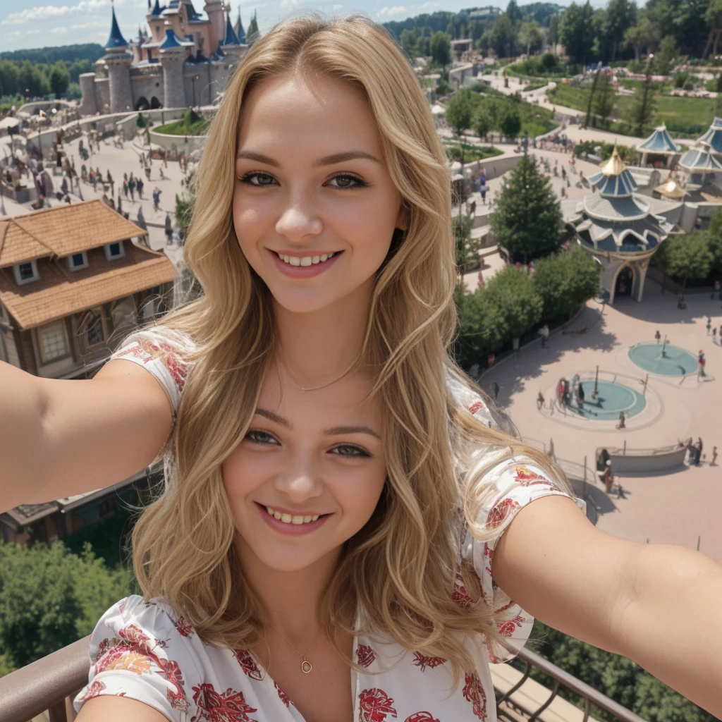 1 girl, solo, ((ugly:1.4)), ((Croatian woman)), sharp image, name is Sauri, (25 years old), (((consistent face and image))), (long blonde wavy hair), (((Croatian face and nose))), (upper body and upper legs)), (slim), (wearing printed classy summer dress), (background: overlooking Disneyland Paris), smiling, ((mature and smirking)), (((selfie shot))), wide shot