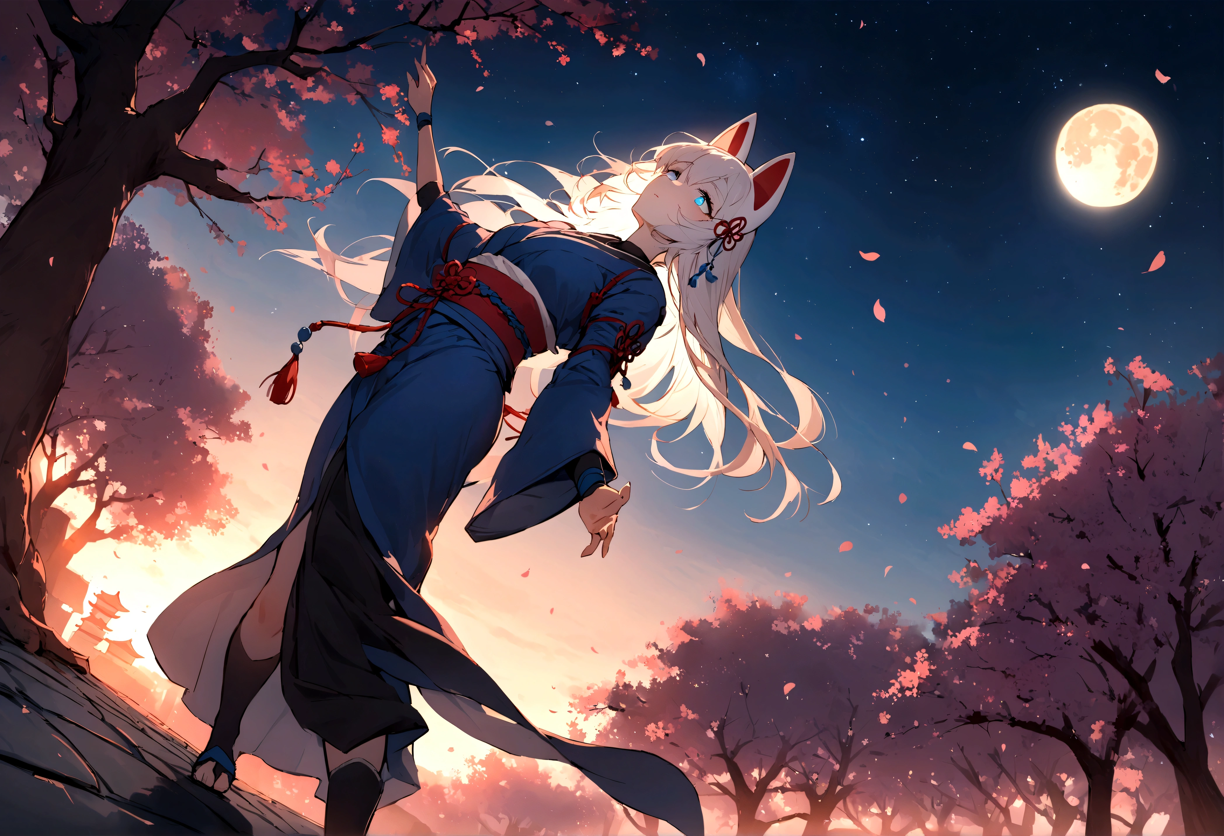 (masterpiece, best quality:1.2), 1girl, solo,Wolf girl, fox mask, ninja, girl, long white hair, odd eyes, Blue Kimono, ninja girl, red and blue scarf,Dancing Cherry Blossoms,Full moon backlighting, light coming in, fantastic atmosphere.night、Shadows of light and darkness、Eyes glowing in the dark、Black fox mask、Fisheye Lens、Expansive starry sky、long hair that spreads、Looking up from afar、Overlooking the city from atop a large cherry tree、