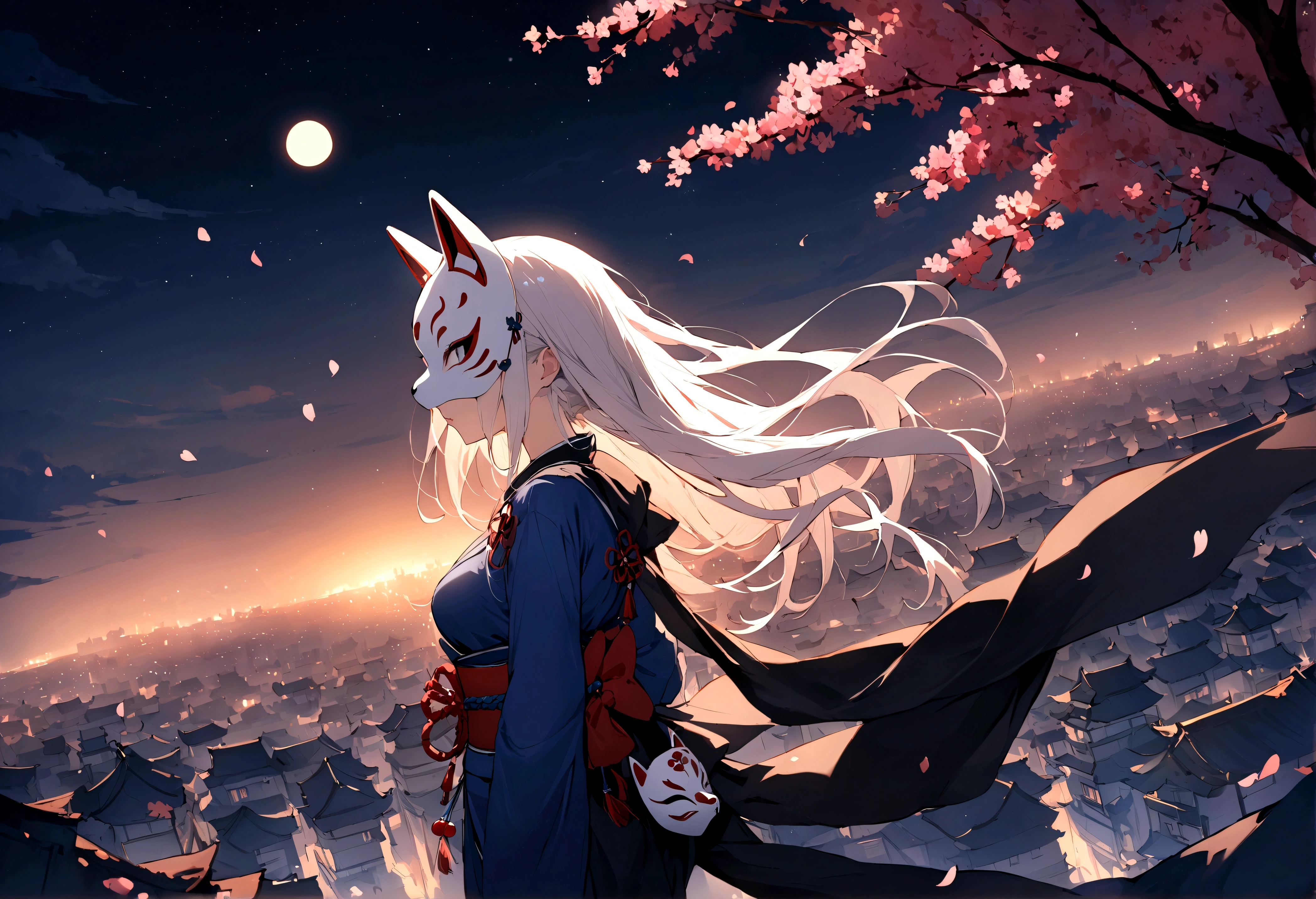 (masterpiece, best quality:1.2), 1girl, 独奏,Wolf girl, fox mask, ninja, girl, long white hair, odd eyes, blue kimono, ninja girl, red and blue scarf,Dancing Cherry Blossoms,Full moon backlighting, light coming in, fantastic atmosphere.night、Shadows of light and darkness、Eyes glowing in the dark、Black fox mask、Fisheye Lens、Expansive starry sky、long hair that spreads、Looking up from afar、Overlooking the city from atop a large cherry tree、