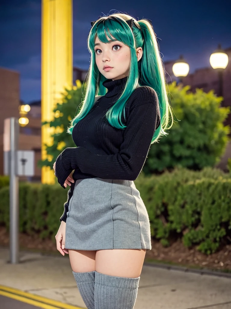 masterpiece, Highest quality, 1 Girl, Lum, happy, blush, Grey knit, Black Mini Skirt, Grey tights, boots,anime, From before, blush, Standing with hands clasped in front of the body, Embarrassed, Mature, 18-year-old, City of night, Gaze Here, High definition, Japan, Green Hair、From below、Focus on the feet