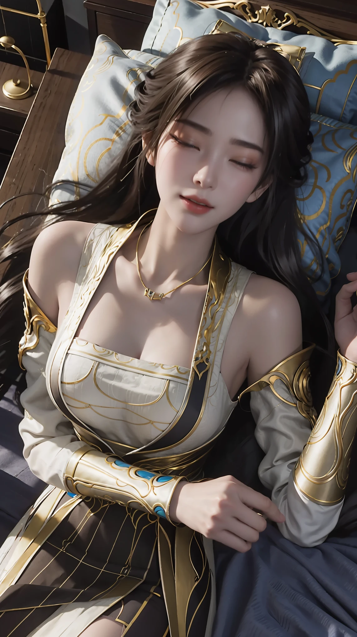 
一个女孩Lying in bed，Face up，Raise your legs slightly，Front view super detailed beautiful big breasted girl 16 years old. Ultra HD, 4K, 8K, Movie，whole body，Lying down，Long legs，Very big breasts，whole body捕捉，（（（Lying in bed））），（（（whole bodyLying in bed））），Blue bed，Off-shoulder，Shoulder to shoulder，Lying in bed，Sleeping on the pillow，Lying down，Headrest pillows，