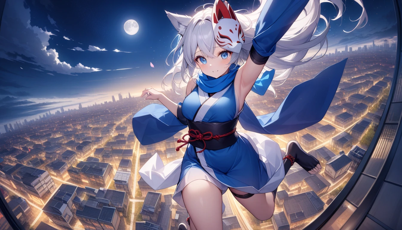 See the townscape while jumping from the sky、jump off、sky diving、Flying in the sky、Fluttering in the wind、Flying in the sky、Jumping from a high-rise building、Exposed armpits and chest、A magnificent view of the city from the treetopasterpiece, best quality:1.2), 1girl, 独奏,Wolf girl, fox mask, ninja, girl, long white hair, odd eyes, blue kimono, ninja girl, red and blue scarf,Dancing Cherry Blossoms,Full moon backlighting, light coming in, fantastic atmosphere.night、Shadows of light and darkness、Eyes glowing in the dark、Black fox mask、Fisheye Lens、Expansive starry sky、long hair that spreads、Jumping from the sky