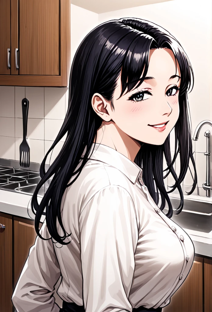 detailed illustration (side view),dynamic angle,ultra-detailed, illustration, pose for the camera, smiling at viewer, clean line art, shading, anime, 2020’s anime style, detailed eyes, detailed face, beautiful face,

Anime, 2d anime, cartoon anime, detailed illustration, dynamic angle, ultra-detailed, illustration, full body shot, 1girl, night time, 1950’s stay at home wife, button up blouse and long skirt, anime half closed eyes. A knowing smile, standing in kitchen, domestic goddess, black haired American woman, well endowed, wholesome yet sexy, motherly, nurturing, MILF