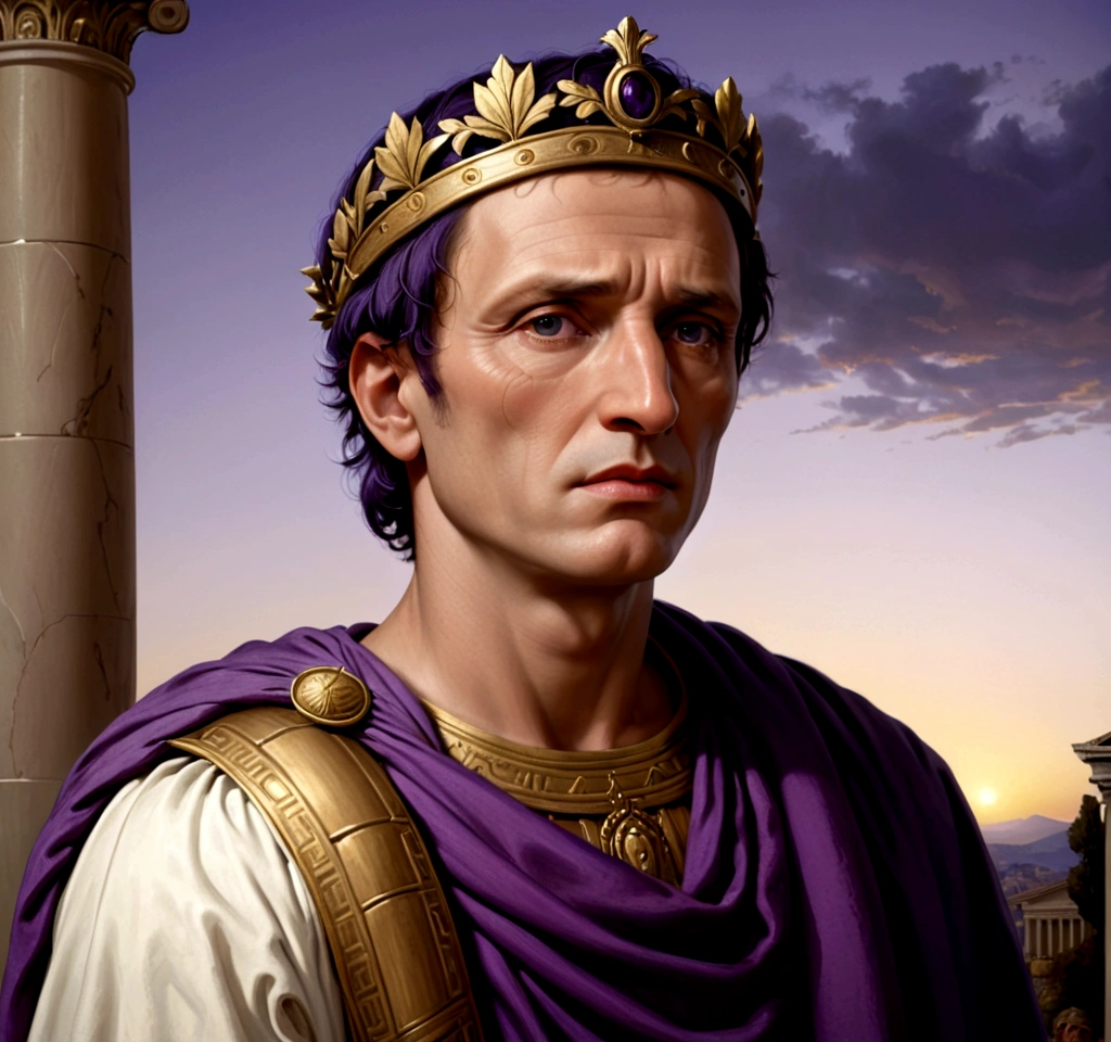 The painting depicts Julius Caesar, Emperor of Rome, facing the observer, his expression is serene and authoritative, he wears a richly adorned purple imperial toga, a golden laurel crown rests on his head, his gaze is piercing and conveys wisdom and power, in the background, Roman columns and a twilight sky add majesty to the scene, the soft lighting highlights the details of his face and attire, creating a depth and realism effect characteristic of the Renaissance.