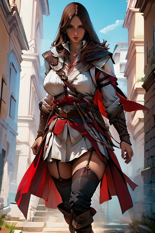 The woman, poca Clothes, Clothes, knee high boots, Bracelets on the legs, socks, stockings, Florence in the background, Florence, evening, night, Renaissance,renaissance, Very detailed, Realistic long-term photography., 4k, wide, brown hair, by the chestnut, Red lips,hood, hood, bracelet, sexy,red lips, brown eyes, big breasts, big breasts, Lucia Auditore