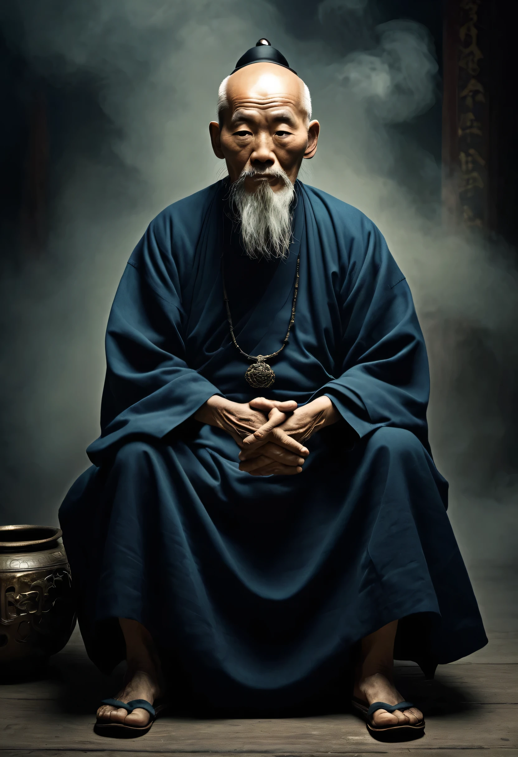 Un viejo e inescrutable sacerdote taoísta, con una atmósfera espeluznante a su alrededor.