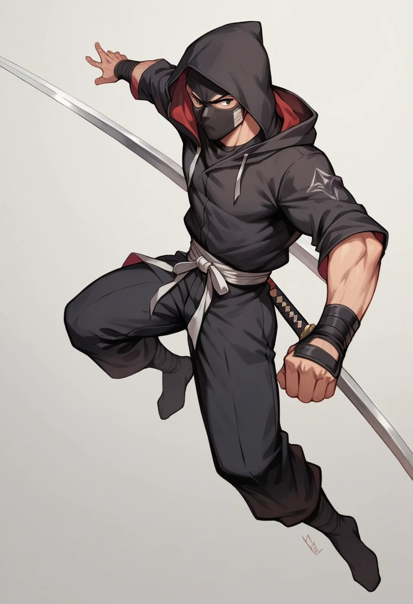 Athletic man, black leagwear, black cowl. Very big sword in your hands, he is very mysterious, fighting man, black clothing, with hood and mask. He has a very big sword. A mysterious ninja. 